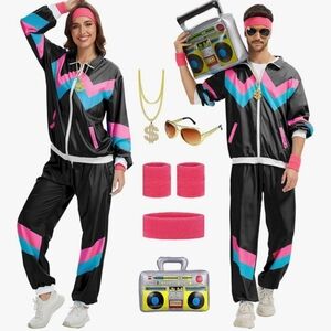 80s Costume Black Tracksuit with Pink and Blue Accents New